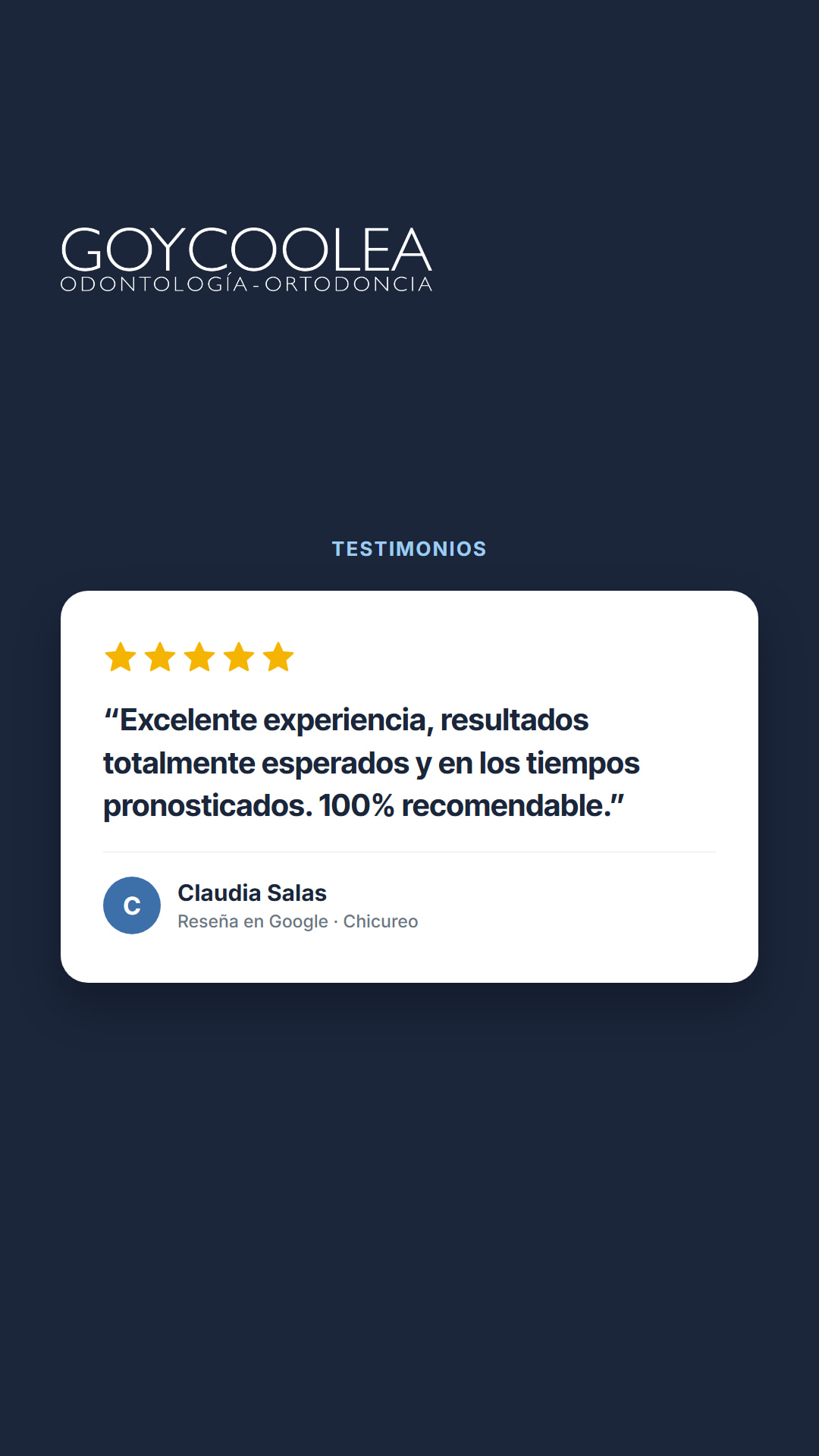 Historia con la reseña real de Google de Claudia Salas, para la destacada Testimonios