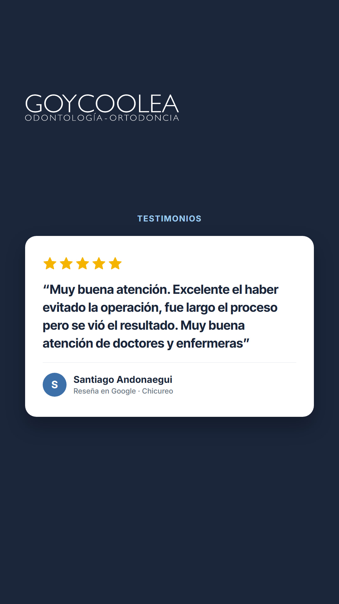 Historia con la reseña real de Google de Santiago Andonaegui, para la destacada Testimonios