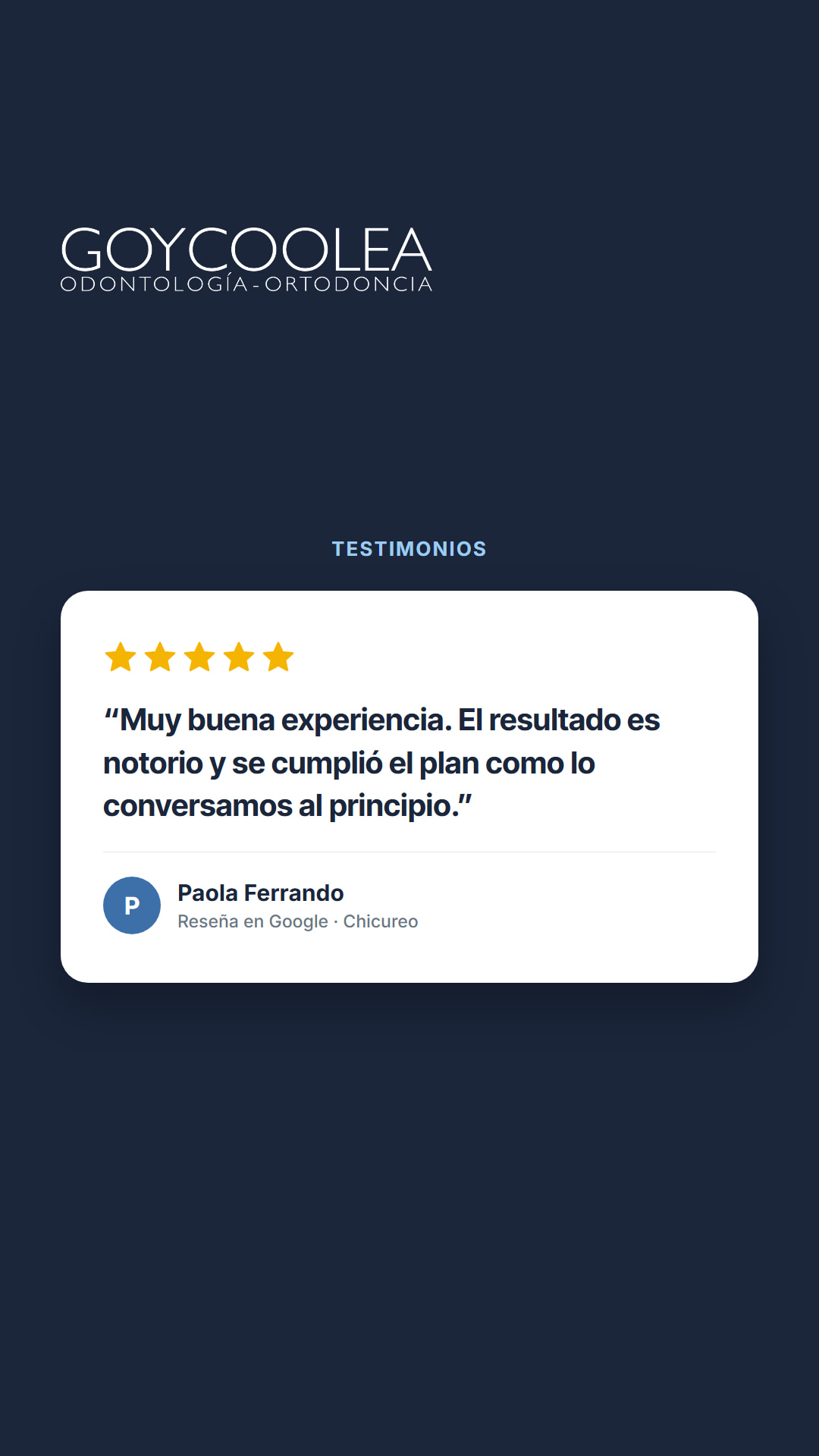 Historia con la reseña real de Google de Paola Ferrando, para la destacada Testimonios