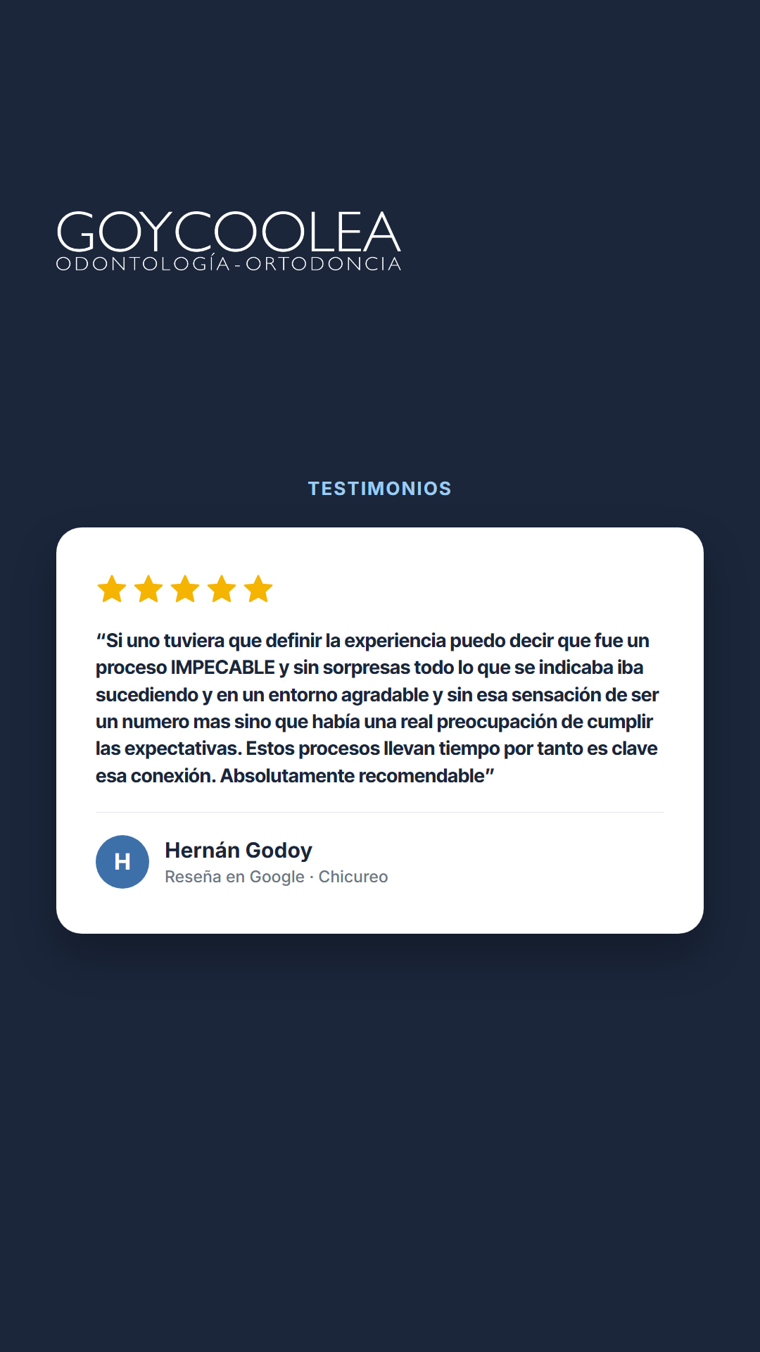 Historia con la reseña real de Google de Hernán Godoy, para la destacada Testimonios