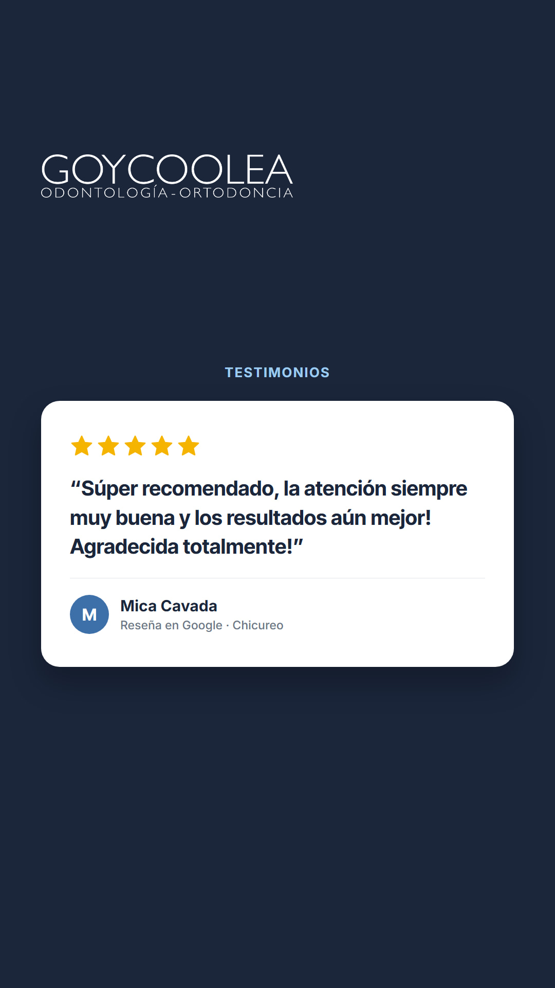 Historia con la reseña real de Google de Mica Cavada, para la destacada Testimonios