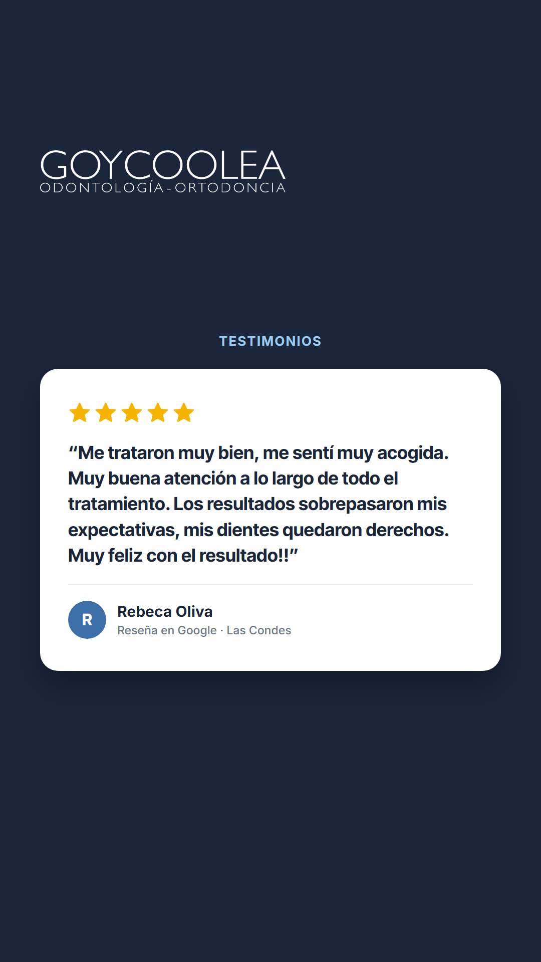 Historia con la reseña real de Google de Rebeca Oliva, para la destacada Testimonios