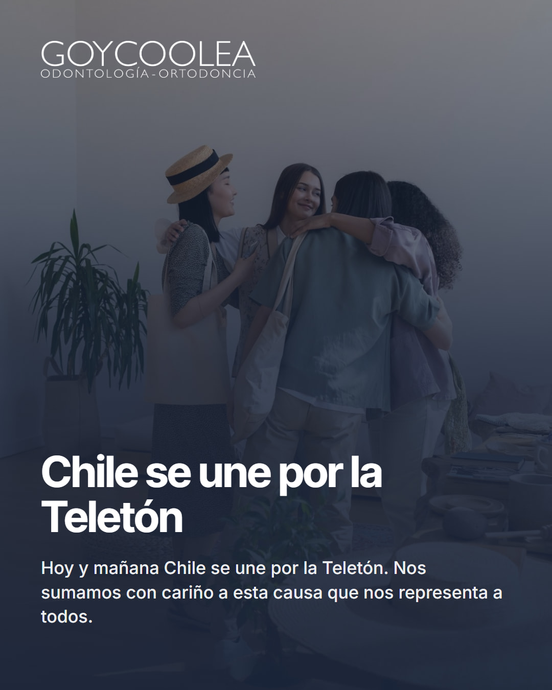 Saludo por la Teletón 2026 con un grupo de amigos abrazándose