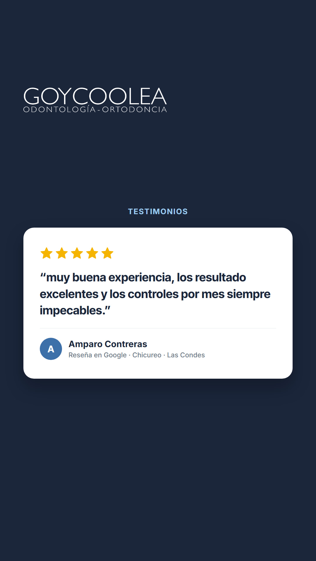 Historia con la reseña real de Google de Amparo Contreras, para la destacada Testimonios