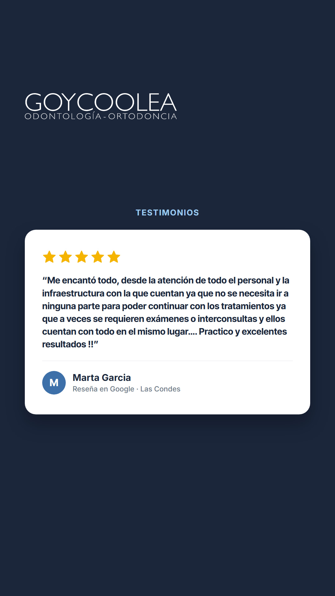 Historia con la reseña real de Google de Marta Garcia, para la destacada Testimonios