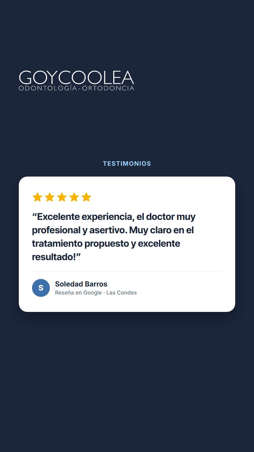 Historia con la reseña real de Google de Soledad Barros, para la destacada Testimonios