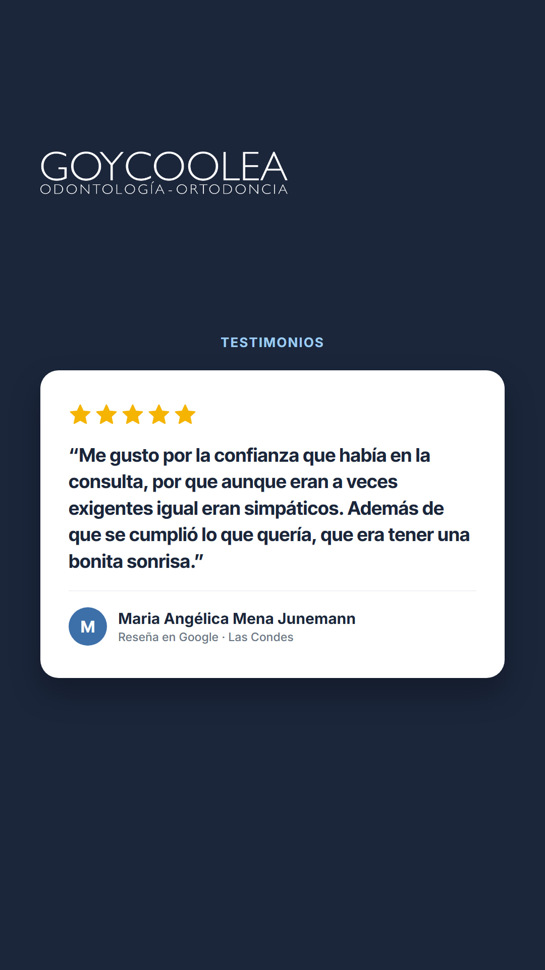 Historia con la reseña real de Google de Maria Angélica Mena Junemann, para la destacada Testimonios