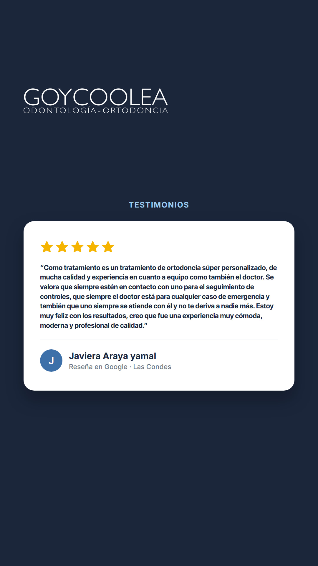 Historia con la reseña real de Google de Javiera Araya yamal, para la destacada Testimonios